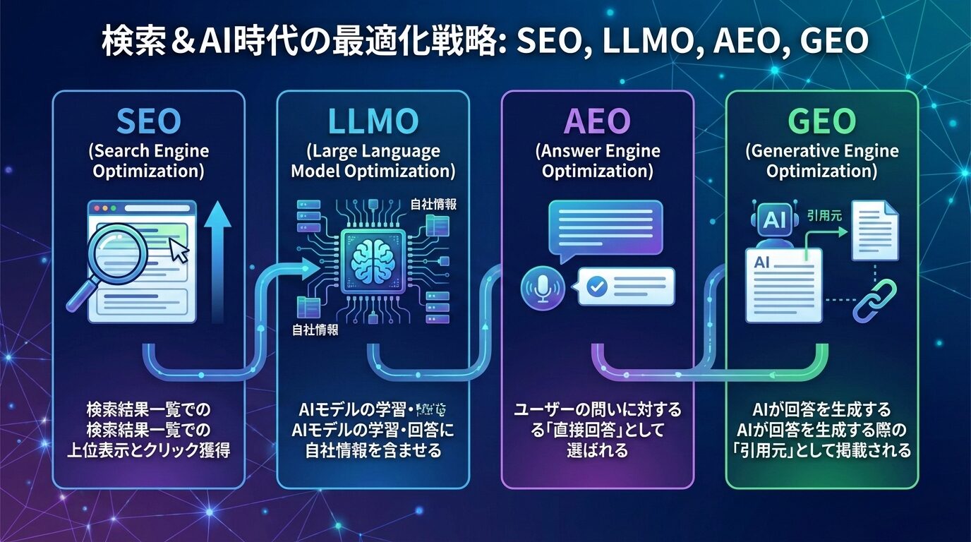 【AI検索時代のブログ運営戦略】SEO/LLMO/AEO/GEOを使いこなせ！